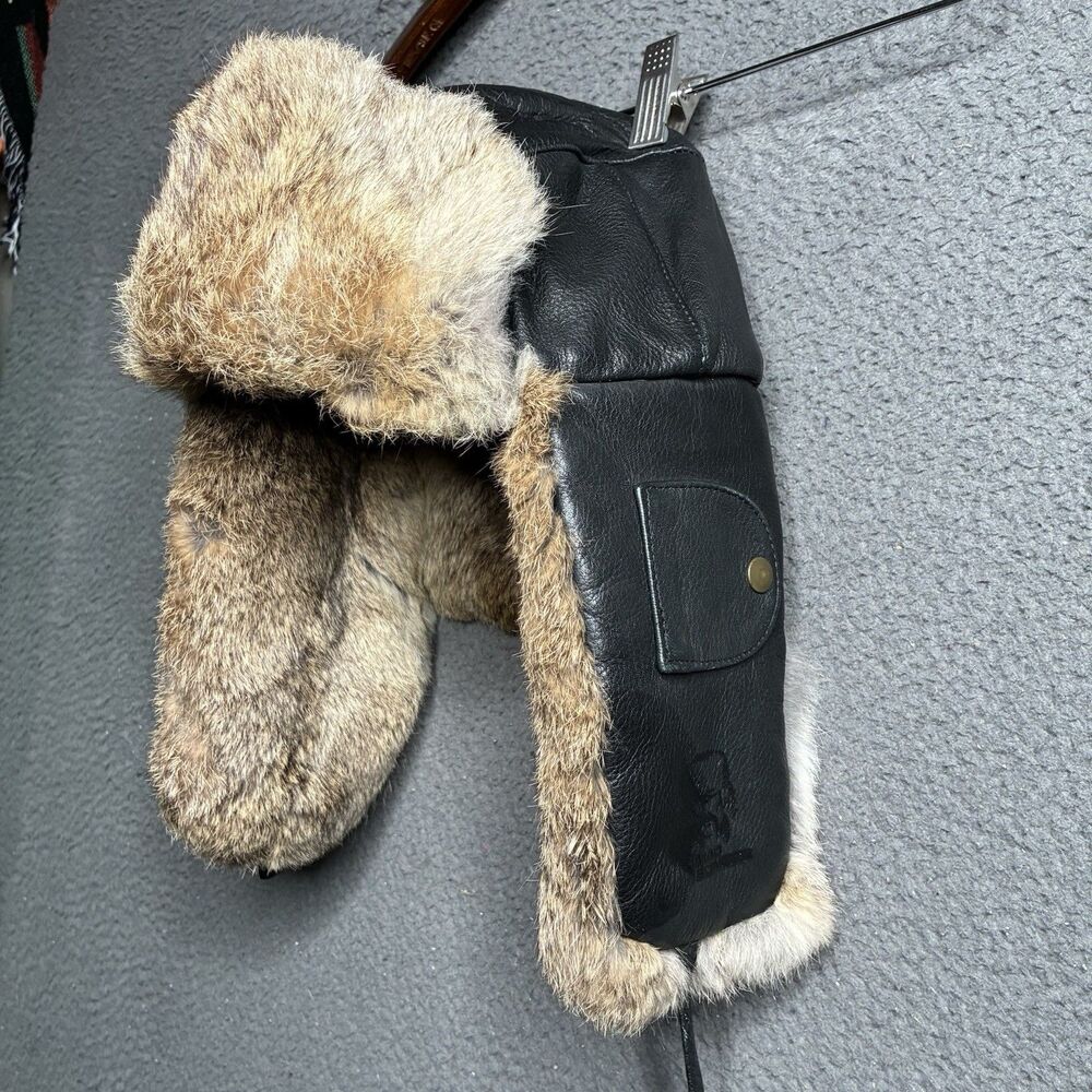 Mad Bomber Trapper Hat Adult Large Black Leather Rabbit Fur Ear Flap Cap